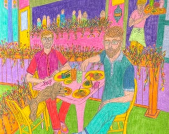 Pannenkoeken voor drie, kunst homo mannelijk paar eet kunst romantisch homo liefde LGBTQ kunst hond homo café gelukkig homo paar erotische homo kunst mannen homo hond kunst