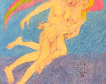 Hoop op de lente, kunst homo paar kus knuffel paar engelen kunst romantisch queer liefde LGBTQ kunst engel kleurrijk gelukkig homo paar erotische homo engel