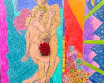 Trein crasht, kunst homo mannelijk naakt paar bed kunst romantisch queer liefde LGBTQ kunst knuffelen gelukkig homo paar erotische homo kunst naakte mannen seks bed hond