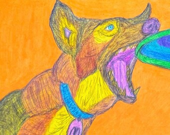 Frisbee, kunst hond springen kunst kleurrijke hond spelen vangen frisbee homo romantische kunst LGBTQ hond kunstafdruk