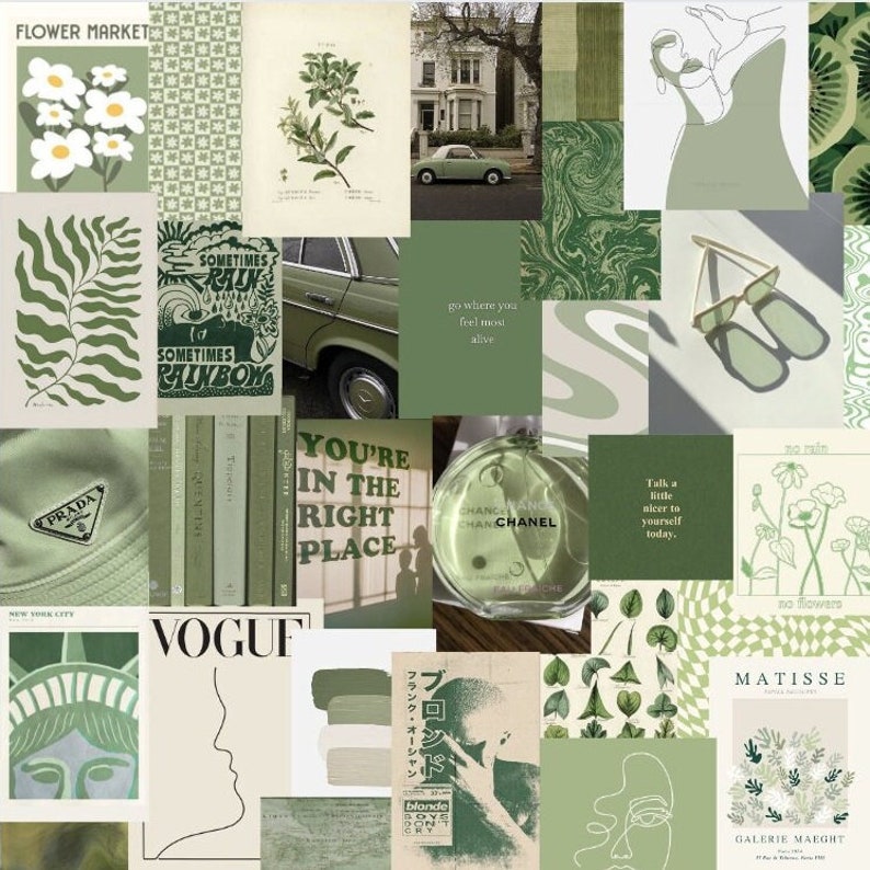 Op de afbeelding: Een collage van afbeeldingen in tinten groen, met een auto, bloemen, tekst en illustraties. De tekst omvat "Sometimes Rain, Sometimes Rainbow", "You're in the Right Place", "Vogue" en "Matisse".