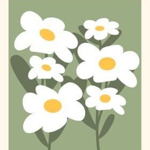 Op de afbeelding: Een groene poster met de tekst "FLOWER MARKET" in witte letters. De poster toont een gestileerde illustratie van witte madeliefjes met gele centra op een groene achtergrond. De tekst "LONDON" staat onderaan de poster in witte letters. De tekst "COLLECTION" en "27 DEC 2021" staan ook onderaan de poster in kleinere witte letters.