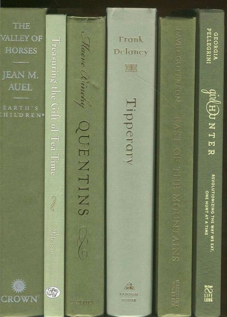 Op de afbeelding: Een stapel van zes groene hardcover boeken met gouden letters op de ruggen. De titels zijn "The Valley of Horses", "Treasuring the Gift of Tea Time", "Quentins", "Tipperary", "East of the Mountains" en "Girl Hunter".