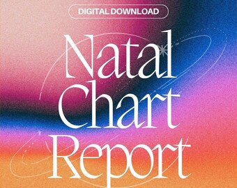 Op de afbeelding: Digitale download van een geboortehoroscooprapport met een kleurrijke achtergrond en de tekst "Natal Chart Report" in wit. De tekst "40+ pagina's" staat in de linkerbenedenhoek en "Recieve Within 24 Hours" staat in de rechterbenedenhoek.