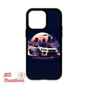 May include: Black phone case featuring a white sports car illustration with a city skyline backdrop. The car has the number 85 on the side. The case has a black border and the brand name "KE Creations" is in the bottom left corner.