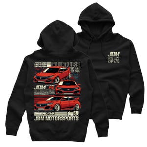 May include: Black hooded sweatshirt featuring a graphic print of three red Honda Civics. The print includes Japanese text that reads "JDM Culture Drift" and "JDM Type R".