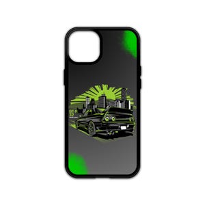 May include: Black phone case with a green and black graphic of a car in front of a city skyline. The text "GT-R 32" is printed on the case.