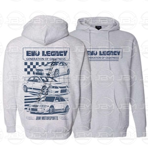 May include: Light grey hoodie with a blue graphic displaying the text "EVO LEGACY GENERATION OF GREATNESS" and car illustrations. The hoodie also features the text "JBM MOTORSPORTS" and copyright information.