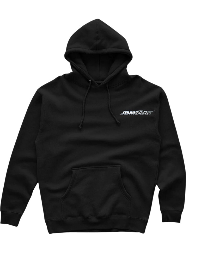 Puede incluir: Sudadera con capucha negra con un logotipo blanco que dice "JBM MOTOR SPORTS" en la parte delantera.