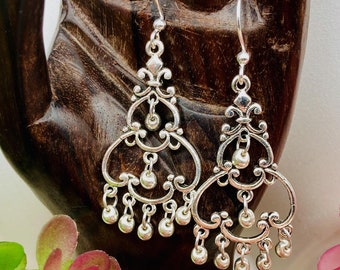 Tibetan silver chandelier earrings with Japanese Miyuki Silver Fringe