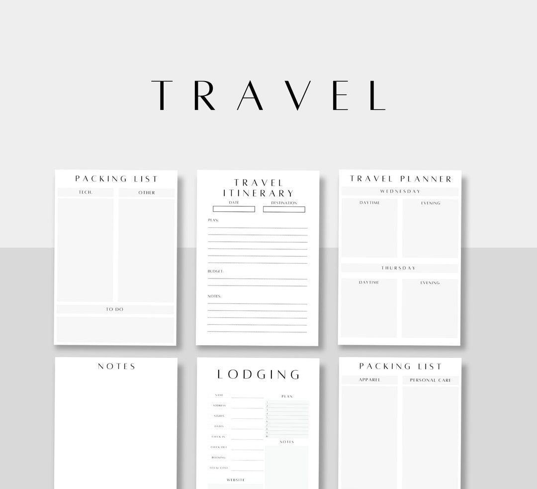 Minimalist Travel Printable Pages Itinerary and Packing List Etsy