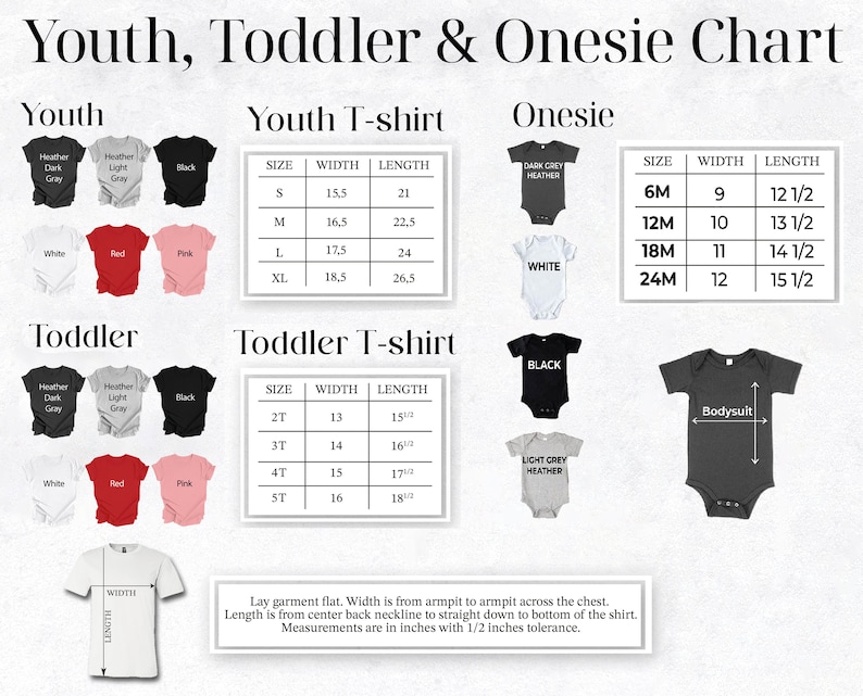 a poster showing the sizes of a toddler and onesie shirt