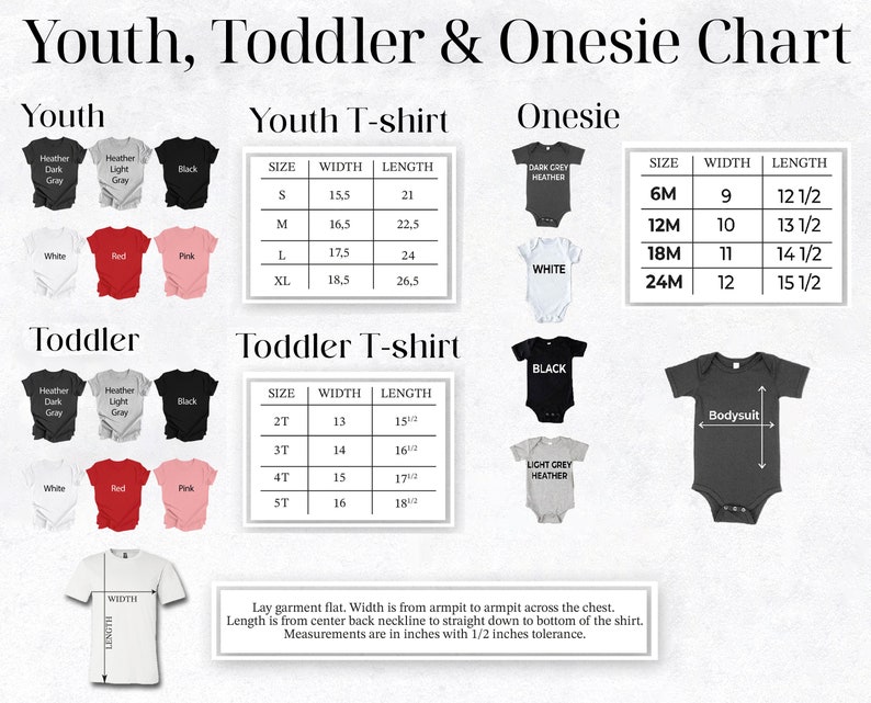 a poster showing the sizes of a toddler and onesie shirt