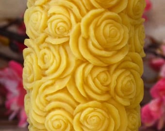 Blue Bee Beeswax Pillar Roses Candle