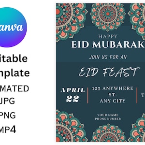 Puede incluir: Una invitación azul y turquesa con un diseño de mandala. El texto dice "Feliz Eid Mubarak" y "Únete a nosotros para un festín de Eid". La fecha es el 22 de abril y la ubicación es 123 Anywhere St., Any City.