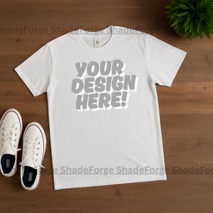 Comfort Colors 1717 White T-Shirt Mockup | Flat Lay Tee with Urban Props | Unisex Blank Shirt for POD Sellers