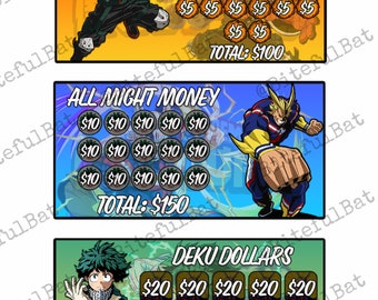 May include: Three colorful cards with anime characters from the show My Hero Academia. Each card features a different character and a currency amount. The first card features Bakugo with the text "Bakugo Bucks" and a total of $100. The second card features All Might with the text "All Might Money" and a total of $150. The third card features Deku with the text "Deku Dollars" and a total of $200.