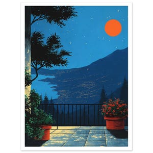 May include: A nighttime scene with a view of a city lit up with lights in the distance. The scene is viewed from a balcony with a railing and two potted plants. The sky is a deep blue with a large orange moon and stars.