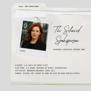 May include: A white file folder with the text "Case: NYC-2026-0447" and a photo of a woman. The text "The Silenced Spokesperson" and "Printable Detective Mystery Game" are also visible. Additional text includes game details.