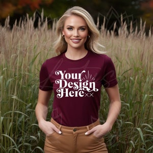 Bella Canvas 3001 vino t-shirt Mockup, autunno Mockup, autunno maglietta Mockup modello donna, Boho Mockup, BC 3001 vino camicia Mockup Scarica