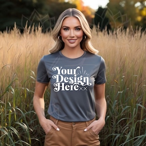 Bella Canvas 3001 T-shirt grigia Mockup, Autunno Mockup, Maglietta autunnale Mockup Modello donna, Boho Mockup, BC 3001 Asfalto Camicia Mockup Scarica