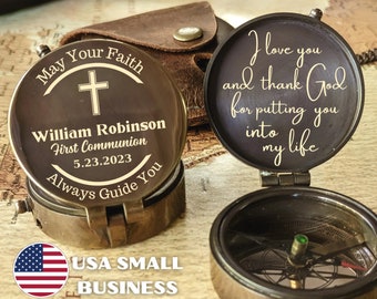 Baptism gift boy, engraved compass, first communion present, keepsake for godson, christening gifts, brass functional compass, personalized