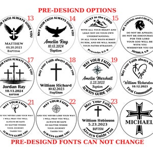 May include: A set of 10 round wooden plaques with black and white designs and text. The plaques are numbered 13 through 24. Each plaque features a different design, including a dove, a cross, a compass, a heart, and a mountain. The text on the plaques includes names, dates, and religious phrases.