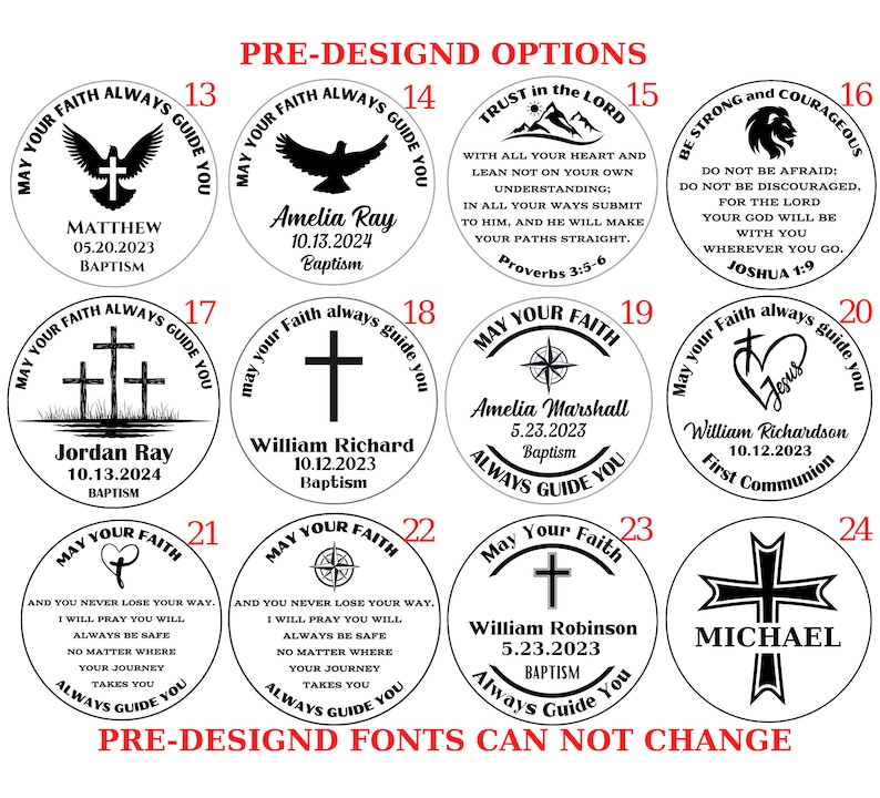 May include: A set of 10 round wooden plaques with black and white designs and text. The plaques are numbered 13 through 24. Each plaque features a different design, including a dove, a cross, a compass, a heart, and a mountain. The text on the plaques includes names, dates, and religious phrases.