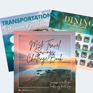 May include: A printable travel savings challenge book with a sunset over the ocean and the text "My Travel Savings Challenge Book" and "Sunrise over the sea makes my heart sing".