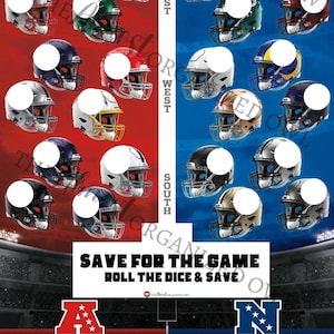 May include: A red and blue game board with football helmets on each side. The board is divided into four sections: North, East, South, and West. The text "Save for the Game" and "Roll the Dice & Save" is printed on the board. The board is decorated with a football field and two team logos.