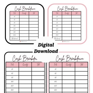 Cash Breakdown Slips | Teller Slip | Bank Teller Cash Form | DIGITAL DOWNLOAD