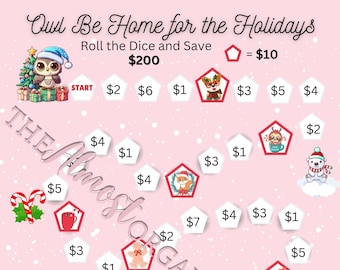 Save for the holidays! Owl Be Home for the Holidays SAVINGS CHALLENGE GAME | Roll the Dice | Christmas | 2 Colors Pink and Blue