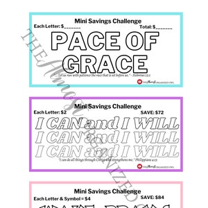 May include: Three printable cards with a pink, purple, and blue background. Each card has a savings challenge with a different phrase: "Pace of Grace", "I Can and I Will", and "Wake, Pray & Save All Day!" Each card has a Bible verse and the text "The Most Organized Owl".