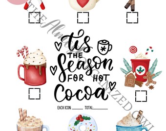 May include: Printable Christmas-themed 'Tis the Season for Hot Cocoa'  counting game with illustrations of mugs of hot cocoa, candy canes, marshmallows, and other wintery treats.  Each image has a checkbox next to it.