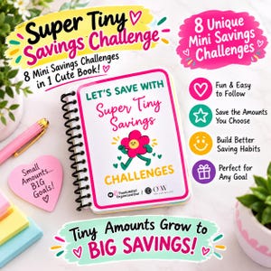 Puede incluir: Un libro de retos de ahorro con encuadernación en espiral, portada blanca con una flor rosa, el texto Let's Save with Super Tiny Savings Challenges y el logo TheAlmost Organized Owl, rodeado de textos e iconos coloridos.