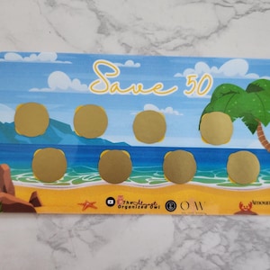 Save 50 Island Scratch and Save Challenge | A6 Sized Savings Challenge | Vacation, Travel, Summer | Save Cash