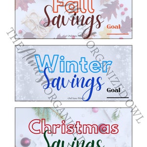 Könnte beinhalten: Drei druckbare Diagramme mit Herbst-, Winter- und Weihnachtsmotiven. Jedes Diagramm hat eine Sparzillinie und den Text "Owl Save Wisely".