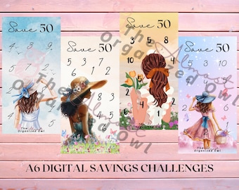 May include: Four colorful printable A6 digital savings challenge cards with a whimsical theme. Each card features a woman with a different hairstyle and outfit, and a grid of numbers to track savings goals. The text "Save 50" appears on each card.