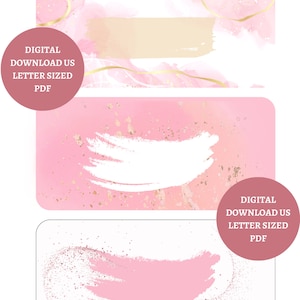 May include: Three printable digital download cards with pink and gold watercolor backgrounds. The cards feature abstract brushstrokes and gold glitter accents. The text "DIGITAL DOWNLOAD US LETTER SIZED PDF" appears on each card.