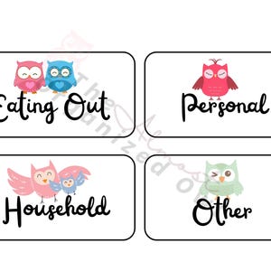 May include: Four colourful cards with owls and text. The cards read "Eating Out", "Personal", "Household", and "Other".
