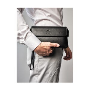 Bolso de mano de piel para hombre, cartera larga con cremallera, bolso de mano de piel de vacuno hecho a mano, bolso de mano casual de primera calidad en color negro, modelo 9985-FS