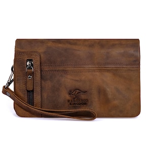 Bolso de mano con correa de cuero para la muñeca, bolso de mano organizador hecho a mano, cartera larga con cremallera para teléfono, bolso de lujo de piel de vaca genuina Crazy Horse, 7477-ZKC