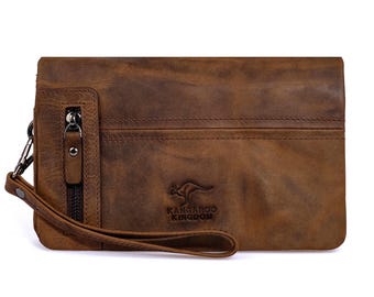 Handmade Crazy Horse Leather Clutch: Wrist Strap Organizer Wallet