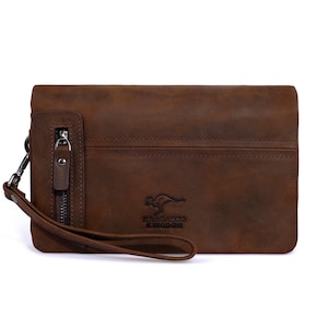 Bolso de mano para hombre, bolso organizador hecho a mano, monedero largo con cremallera y asa, bolso de lujo de piel de vaca auténtica Crazy Horse, 7477-ZKE