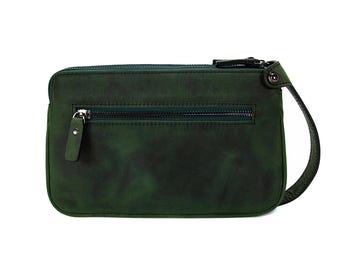 Handmade Crazy Horse Leather Clutch: Zipped Wallet Wrist Bag
