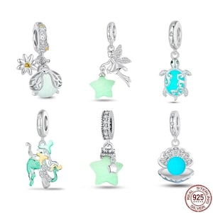 May include: Six silver charm pendants with glow-in-the-dark accents. The charms feature a fairy, a turtle, a bee, a witch, a star, and a seashell.