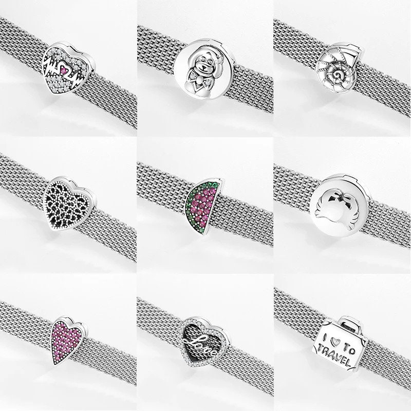 Charm de corazón con clip en plata de ley: Viajes, amor y circonitas, compatible con pulseras Pandora.