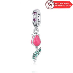 PR Charms 925 Sterling Silver Plants Flower Tulip Charm Bead Adatto per bracciali Pandora originali Charm Braccialetto e Braccialetto Charm Pendente