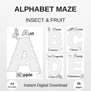Alphabet Maze Game | Insect & Fruit Puzzle (Digital Download)