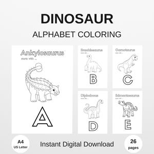 Dinosaur Alphabet Coloring Pages | ABC coloring | Dino Alphabet | Dino ABC | Dinosaur theme | Preschool gift | Printable download | Ages 4-6